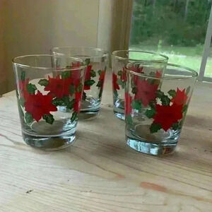 Vintage Christmas Anchor Hocking Poinsettia Rocks Glasses Set of 4